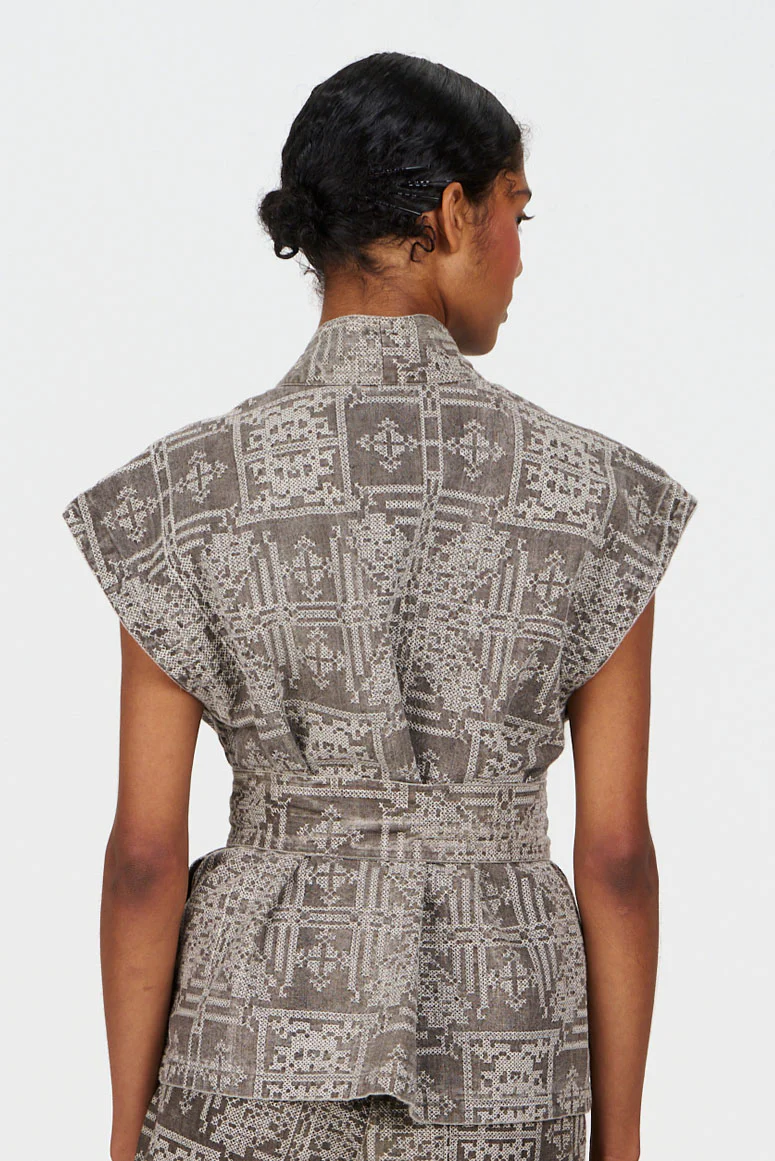 GEORGIE Organic Linen Cotton Gilet - Mushroom Crossstich - Image 4