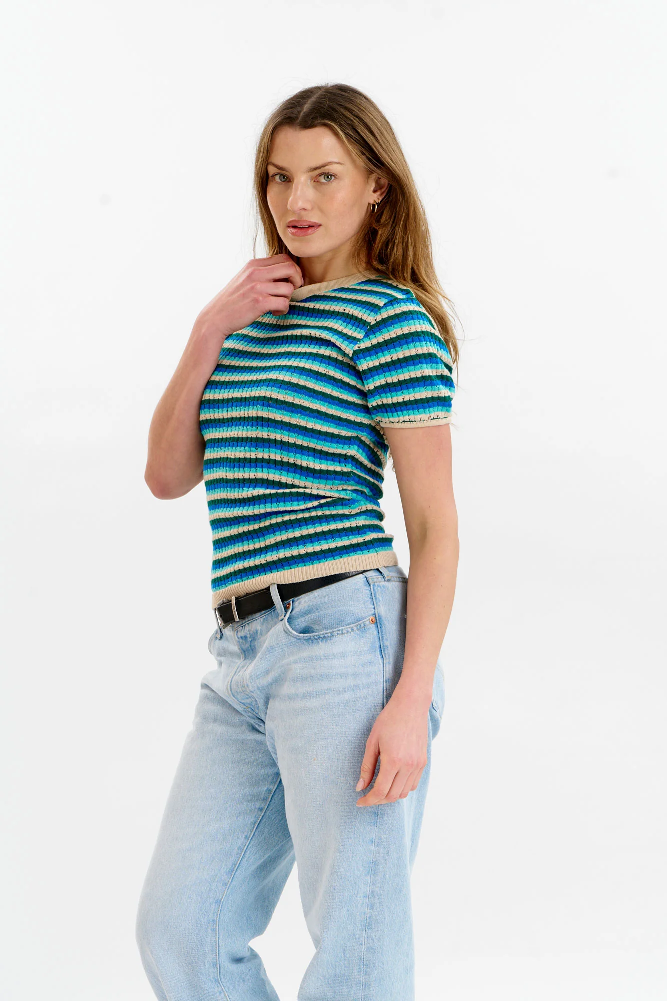 PENELOPE Organic Cotton Pointelle Knit Tee - Ocean - Image 2